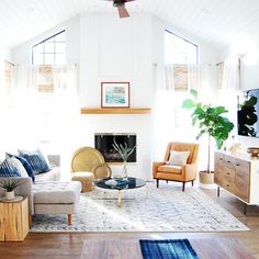 a living room filled with furniture and a fire place in the middle of a room