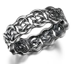 an intricate silver ring with intertwined links on the inside and outside, set against a white background