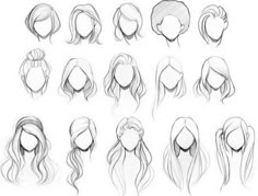 various hairstyles for different types of hair, drawn in pencil on white paper