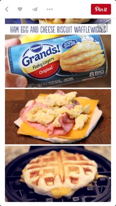 three pictures with different types of waffles on them and the words, ham egg and cheese biscuit wafflewichs