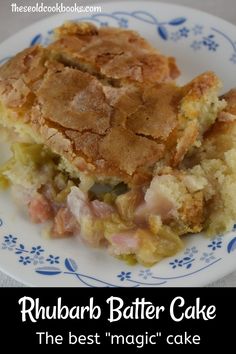 a close up of a piece of cake on a plate with the words rhubarb batter cake