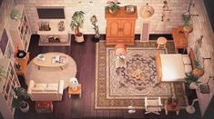 an aerial view of a living room and dining room from above, with furniture on the floor