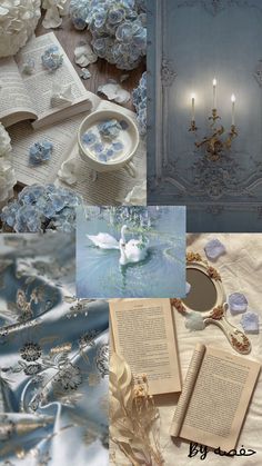 a collage of blue and white flowers, books, candles, and other items