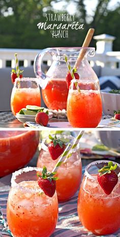 strawberry lemonade punch in glasses with strawberries and garnish on the rim