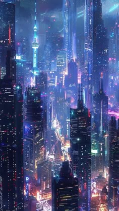 a futuristic city at night with skyscrapers lit up in bright colors and neon lights