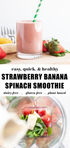 strawberry banana spinach smoothie in a blender