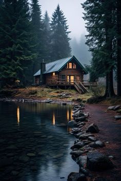 a log cabin sits on the shore of a lake at night with its lights on