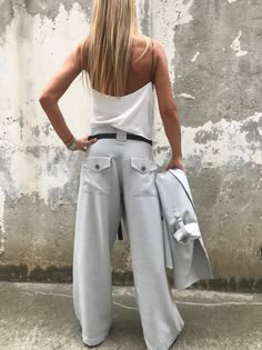 "Women Stylish Pants - wide-leg trousers with mid waist and asymmetric closure. Made from Italian Cotton and Wool. ■ All of our orders are shipped with DHL for FREE. Once we make your order, it will be with you in up to 2 days using the steller and award-winning international shipping services of DHL ■ ConceptBG is your perfect choice for incredible & unique style. Each item is made to order according to the size you pick, we do not hold stock. ■ SIZING ■ This piece comes in sizes from XS to Summer Wide Leg Dress Pants For Work, Summer High-waisted Wide Leg Pants For Office, Loose Fit Wide Leg Pants With Pockets For Office, Wide-leg Summer Pants For Office, Wide Leg Pants With Belt Loops For Office, Office Wide Leg Pants With Belt Loops, Wide Leg Bottoms With Pockets For Office, Office Wide-leg Bottoms With Pockets, Wide Leg Office Bottoms With Pockets