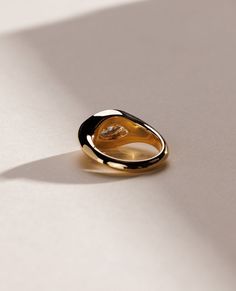 a gold and black ring on a white surface