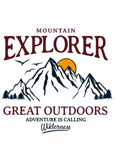 the great outdoors wilderness logo with mountains in the background and an orange sun above it