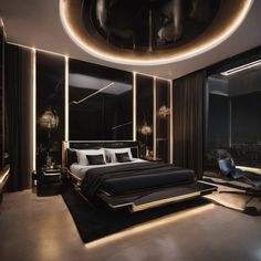 Elegant black interior design inspo Black Bedroom Design, Unique Bedroom Design, Bedroom Bed Design, Bedroom Furniture Design, Modern Bedroom Design