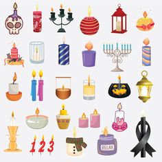 a bunch of different types of candles on a white background