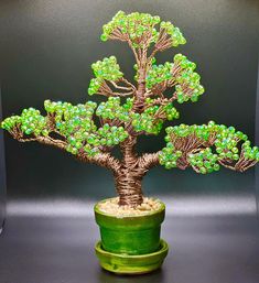 a bonsai tree with green beads in a pot