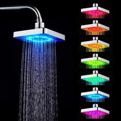 the colorful shower head is shown with multiple colors on it's side and four different sides