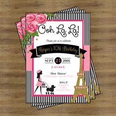 a pink and black striped birthday card with roses on it, featuring the eiffel tower