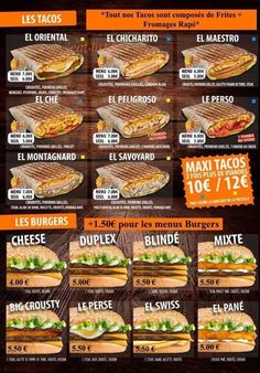 a menu with different types of sandwiches on the front and back of it, including french fries