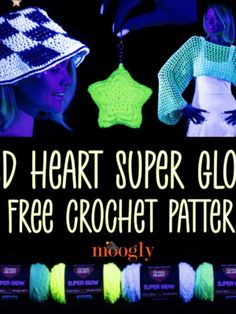 three crochet hats with text that reads, 3d heart super glow free crochet patterns