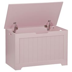 a pink toy chest with two doors and handles on the top, sitting against a white background