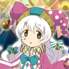 an anime character with white hair wearing a pink and blue outfit, holding a teddy bear