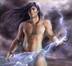 a man with long hair standing next to a woman in front of a lightning storm