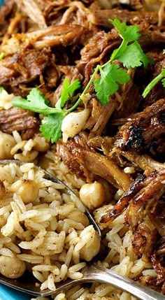 a blue plate topped with rice and pulled pork next to cilantro garnishes