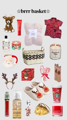 the contents of a christmas gift basket are arranged on a white background with red and green accents