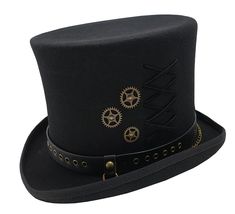 PRICES MAY VARY. Felt,Cotton,Wool,Leather,Satin Fitted closure 100% Wool Felt Hand Made Top Hats Brim : 2: Wide , Crown : 6" Tall Satin Linning , Cotton Sweatband . The leather hat band is detailed with metal grommets and attached to a chain link Measurement Size : M ( Fitted 7 1/8 , Inches 22 1/4 , 57CM ) , Large ( Fitted 7 1/4 , Inches 23 , 59CM ) , X-large ( Fitted 7 1/2 , inches 23 1/2 , 61CM ) Different Touch 100% Wool Felt Hand Made Steampunk Top Hats . Authentic Costumes, Steampunk Top, Steampunk Top Hat, Steampunk Halloween, Steampunk Goggles, Steampunk Hat, Black Top Hat, Types Of Hats, Steampunk Cosplay