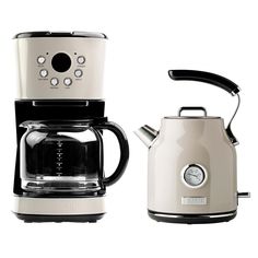 two different types of coffee makers are shown in this image, one is white and the other is black