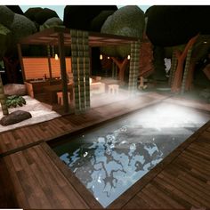 a 3d rendering of a pool in the middle of a wooden decked patio area