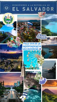 a collage of photos with the words el salvador in spanish and pictures of different places