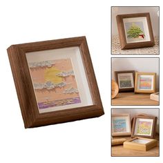 four different pictures of framed artwork with wood frames on a wooden table and white background