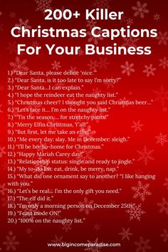 a red poster with white snowflakes and the words 200 killer christmas captions for your business