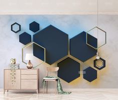 a room with blue hexagonal shapes on the wall