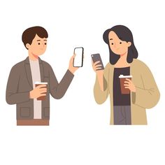 two people standing next to each other holding cell phones and drinking coffee while looking at the screen