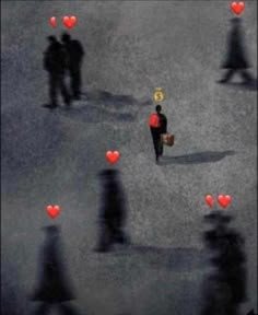 people are walking down the street with red hearts