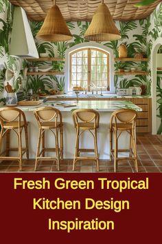 Tropical-themed kitchen with green leaf wallpaper, wicker chairs, and pendant lights.