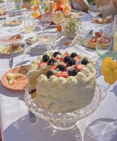 a large cake sitting on top of a table covered in plates and bowls filled with fruit