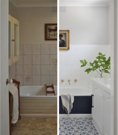 before and after pictures of a bathroom remodel with tile flooring, walls painted white