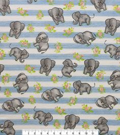 an elephant pattern on a blue and white striped background, with flowers in the foreground