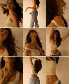 several pictures of a woman with her hands on her hips and arms behind her head