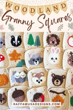 a crocheted granny square with animals on it and the words woodland granny squares written in