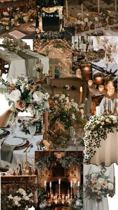 a collage of photos with flowers, candles and other things to decorate the table