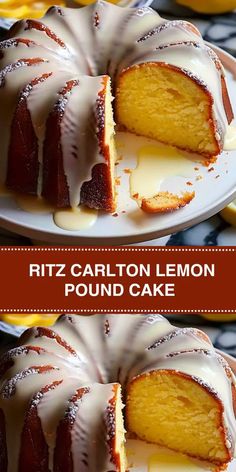 a cake that has been sliced and is sitting on a plate with lemons in the background