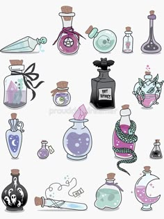 an image of various bottles with different things in them on the bottom one is purple and white