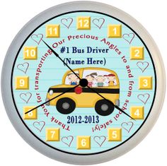 a personalized clock with two children driving in a school bus