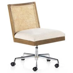 Annette Coastal Beach Brown Wood Cane Woven White Performance Office Side Chair Shared Home Office, Comfortable Desk, Spa Reception, Lido Beach, Productive Work, Work Remotely, Creative Office, Desk Chairs, Swivel Seating