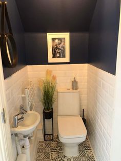 a white toilet sitting next to a sink in a bathroom under a framed picture on the wall