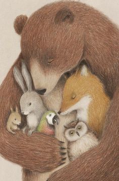 a drawing of a bear hugging two baby animals