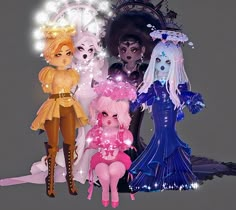 four dolls are sitting next to each other in front of a light - up mirror