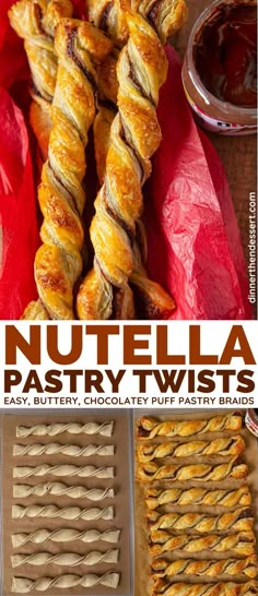 nutella pastry twists are shown in three different pictures and the title reads, nutella pastry twists